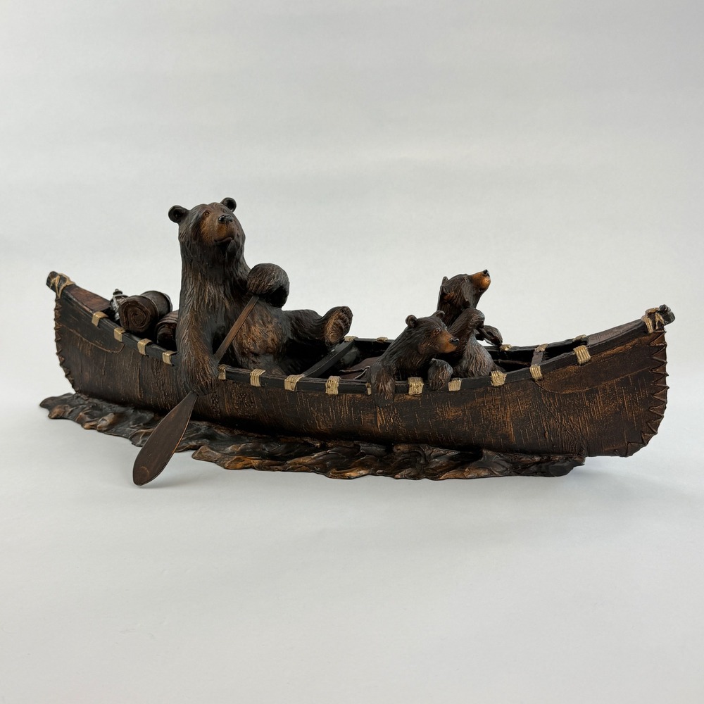 J.M. Fleming Black Bear Family Canoe Resin Sculpture Rustic Cabin Decor Figure